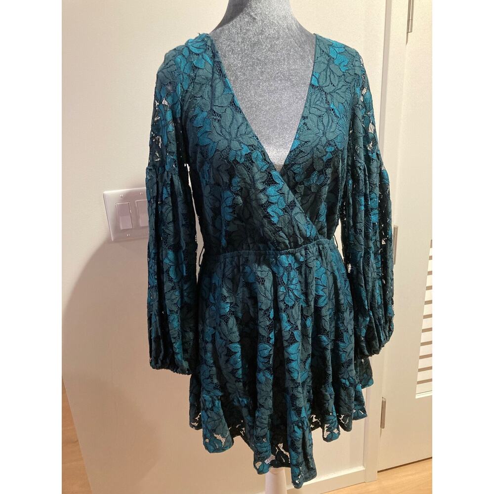 Green Lace Mini Women 6 Lace Balloon Long Sleeve Open Back Whimsy Goth Fairy